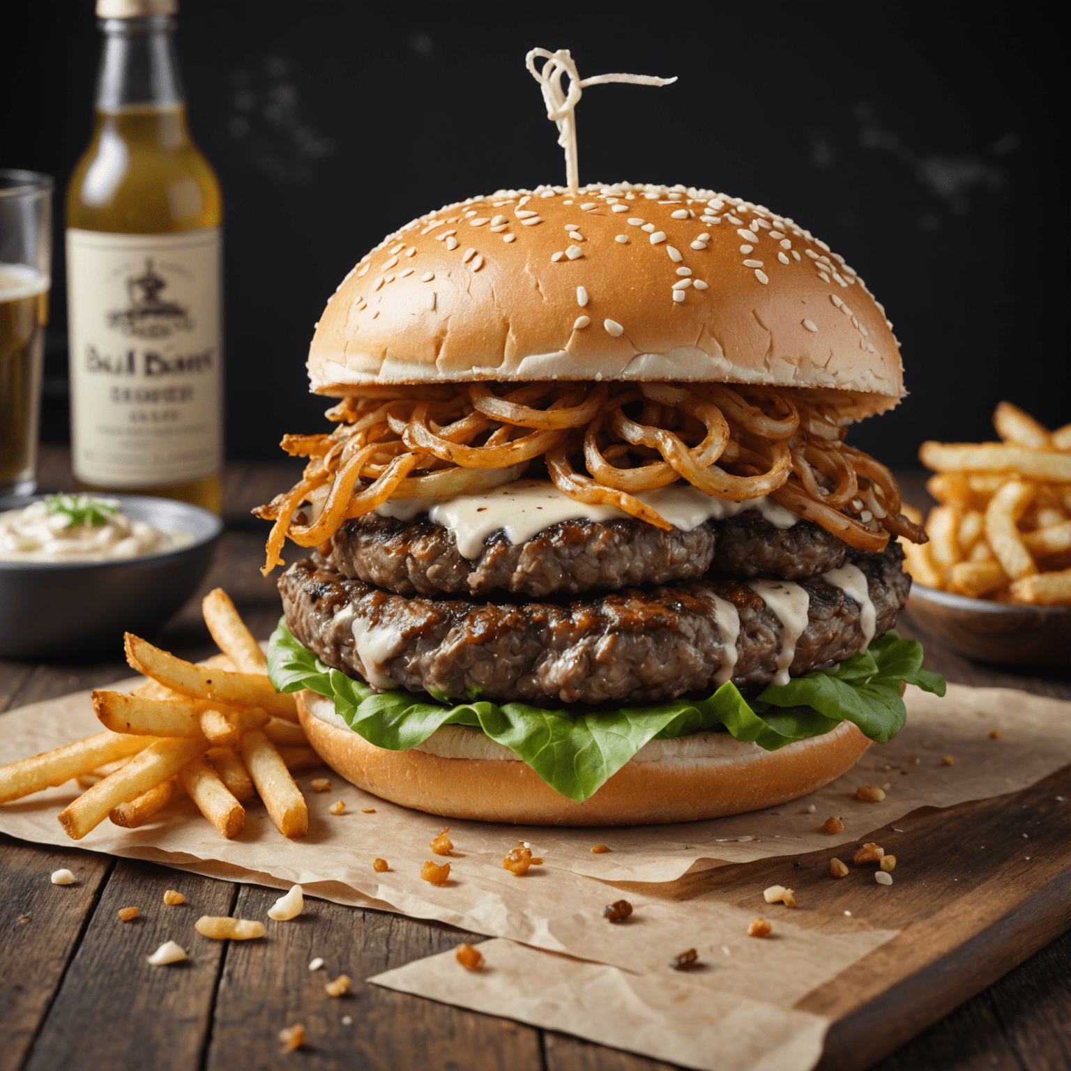A juicy marbled beef burger with innovative toppings like truffle aioli and crispy onions, showcasing the latest gourmet burger trends