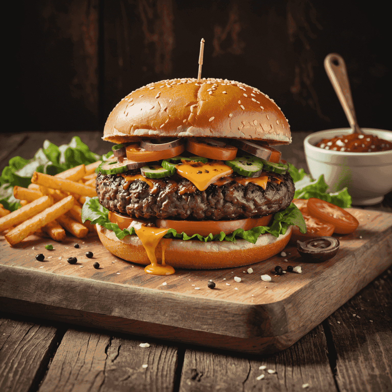 A gourmet marbled beef burger with colorful, innovative toppings on a rustic wooden board