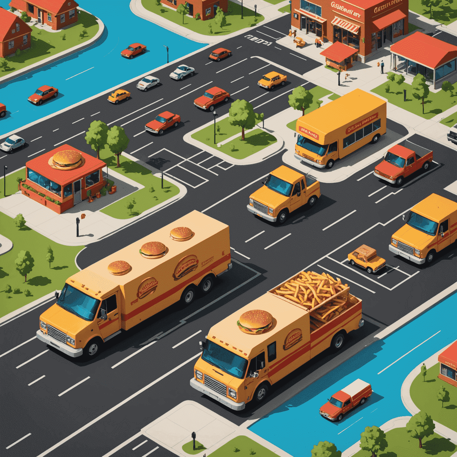 Map showing expanded delivery areas with burger icons and delivery trucks