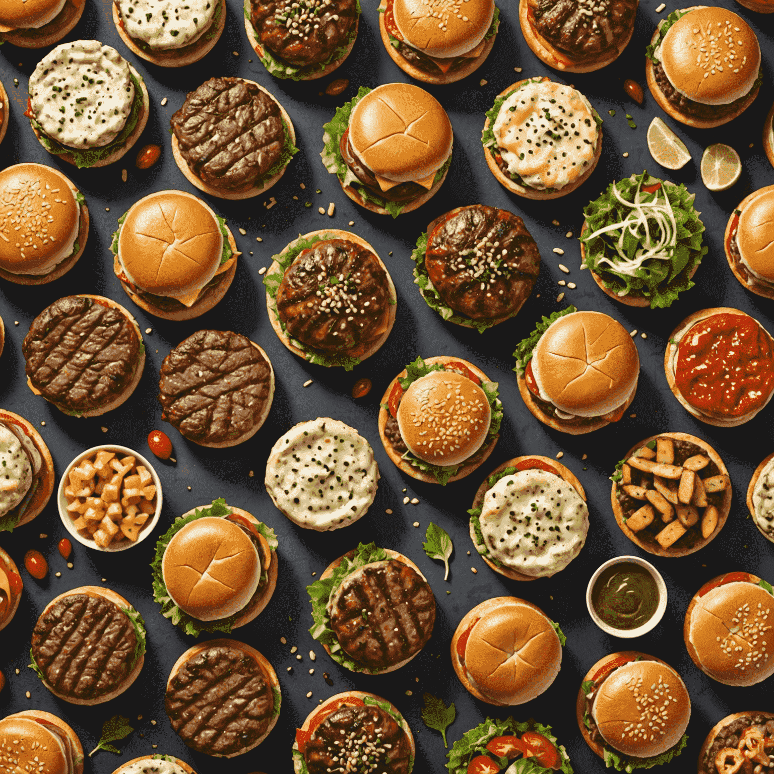 A mouthwatering display of various marbled beef burgers with different toppings and sides, showcasing the diverse menu options