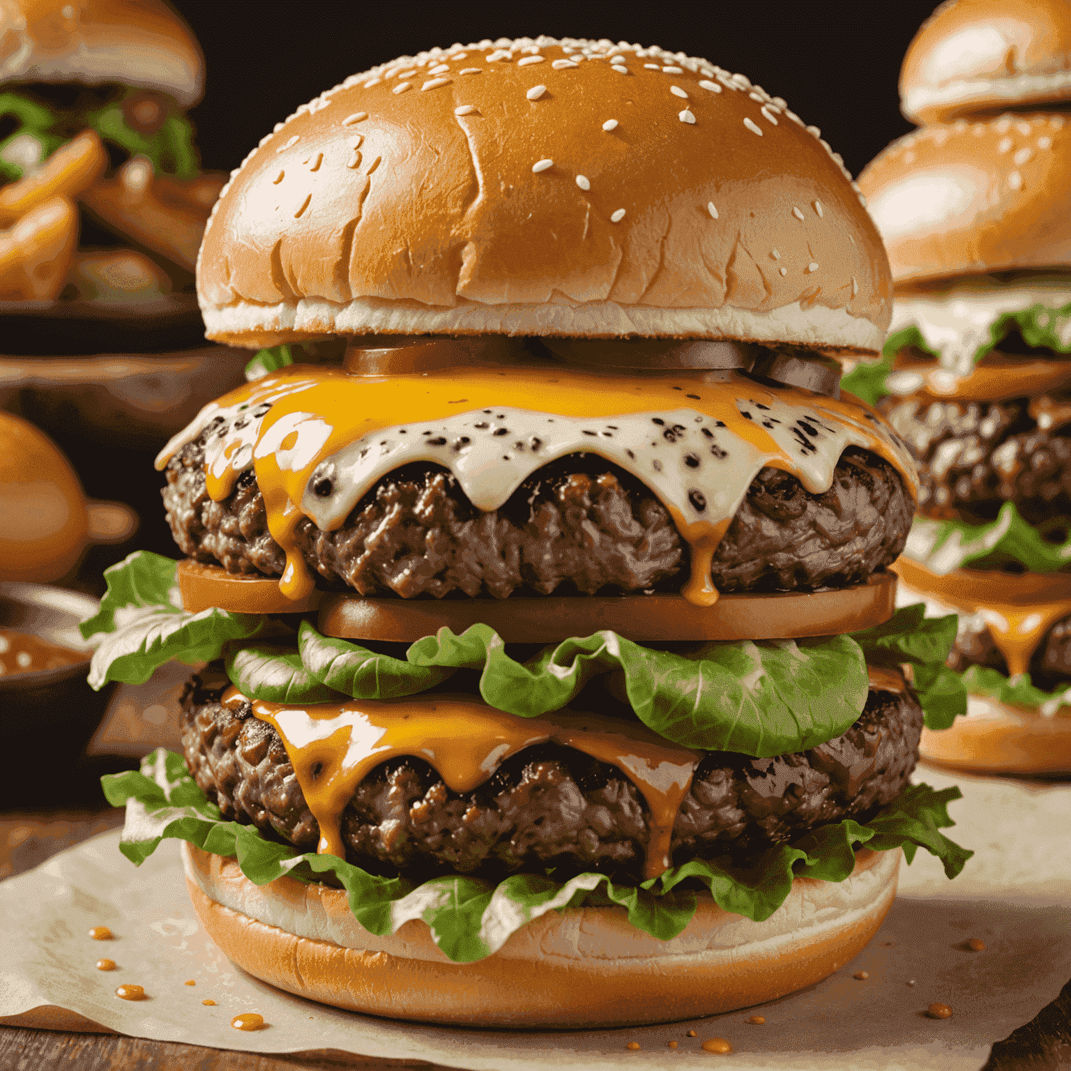 A juicy marbled beef burger with lettuce, tomato, cheese, and special sauce on a brioche bun
