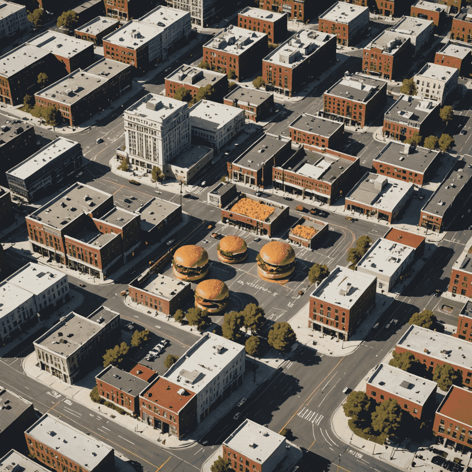 Map of downtown area with burger delivery zones highlighted, showing main streets and landmarks