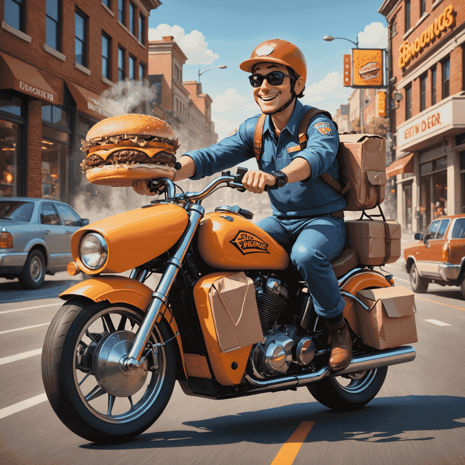 Cartoon delivery person on a motorcycle speeding with a large, steaming burger package