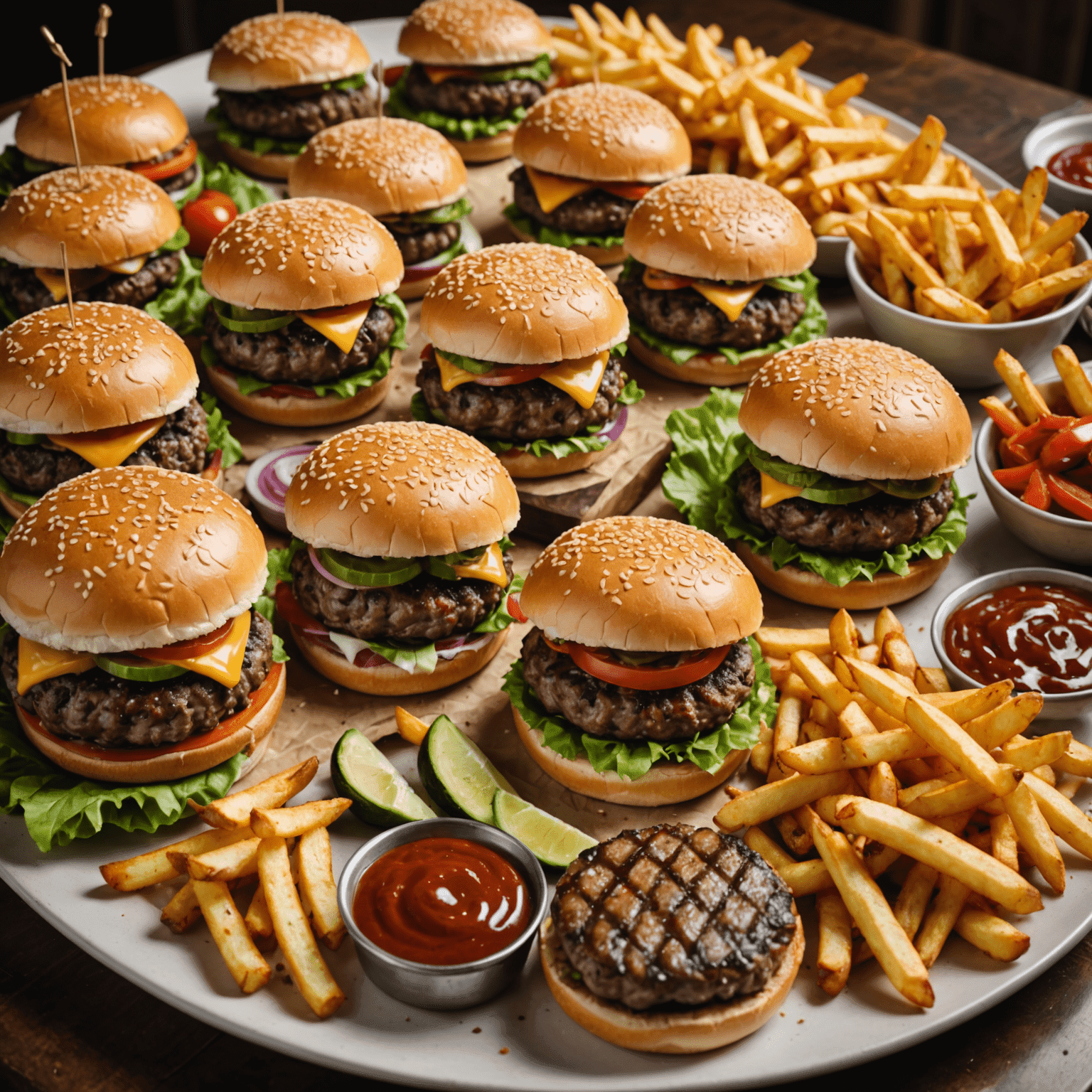 A large platter of various gourmet burgers, including marbled beef burgers, arranged beautifully for a catering event. The burgers are garnished with fresh vegetables and served alongside crispy fries.