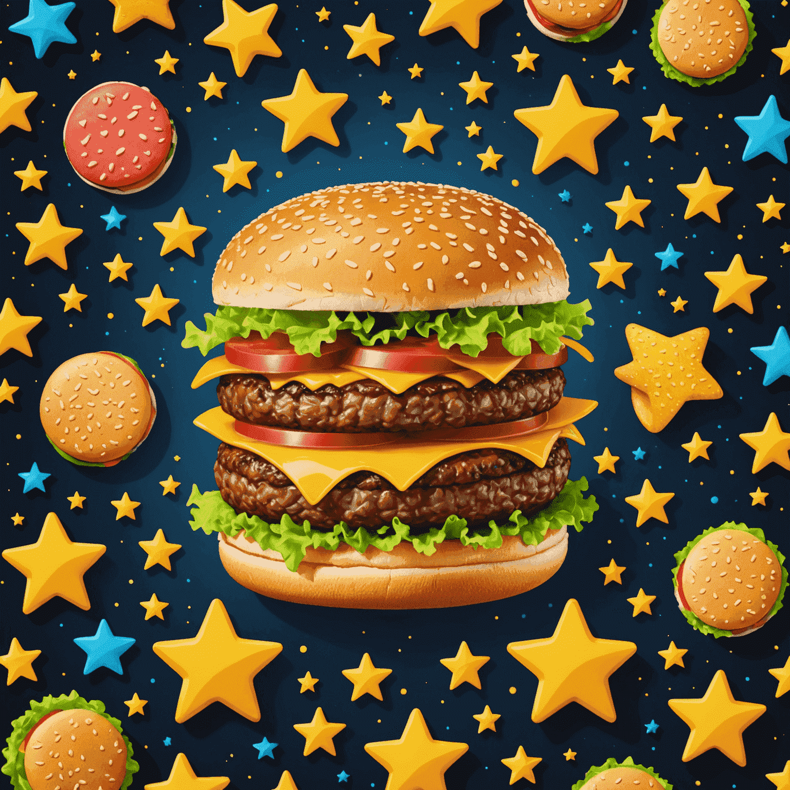A colorful illustration of various burger types surrounded by stars and loyalty points, representing the rewards program