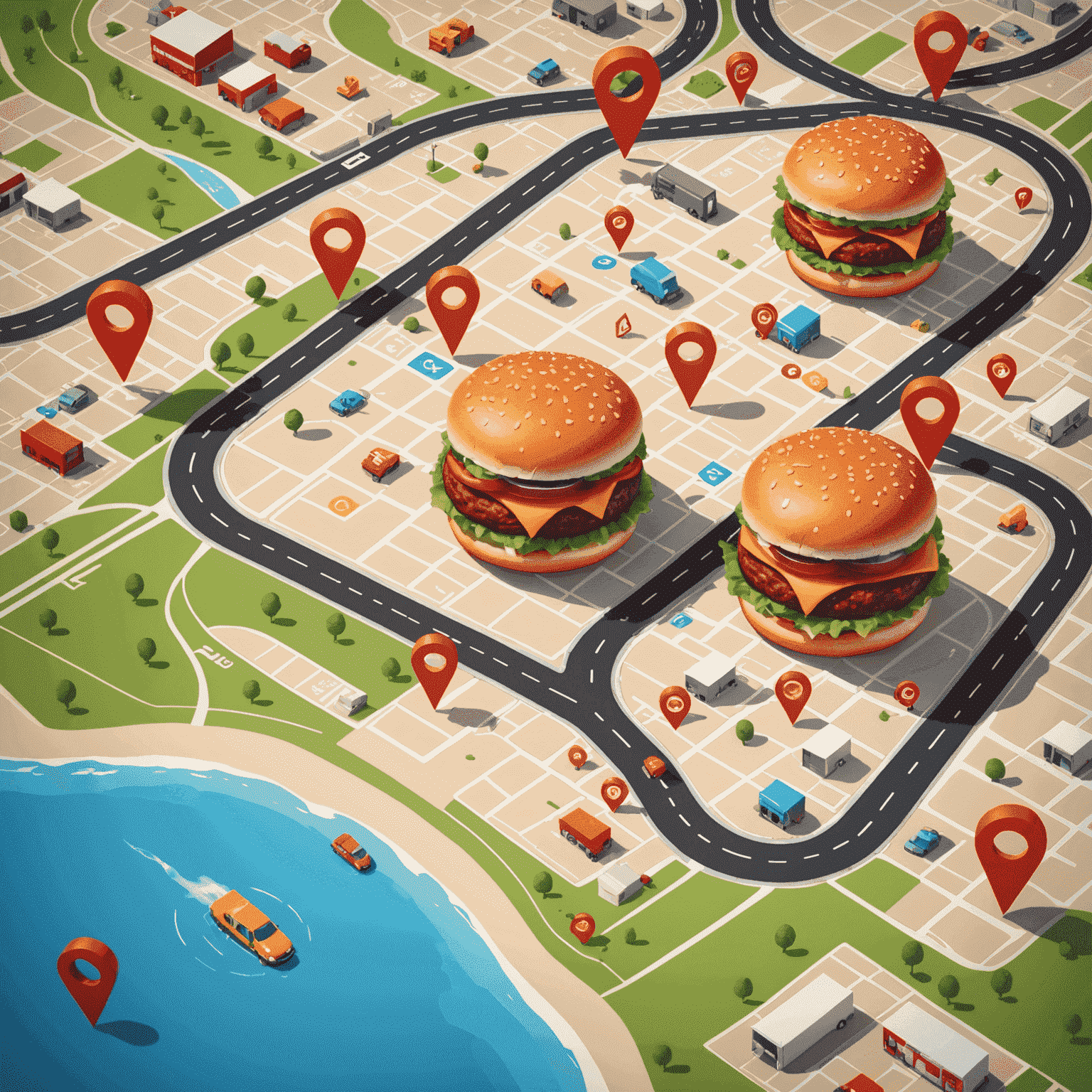 A map showing expanded delivery areas with burger delivery icons and a stopwatch indicating improved delivery times