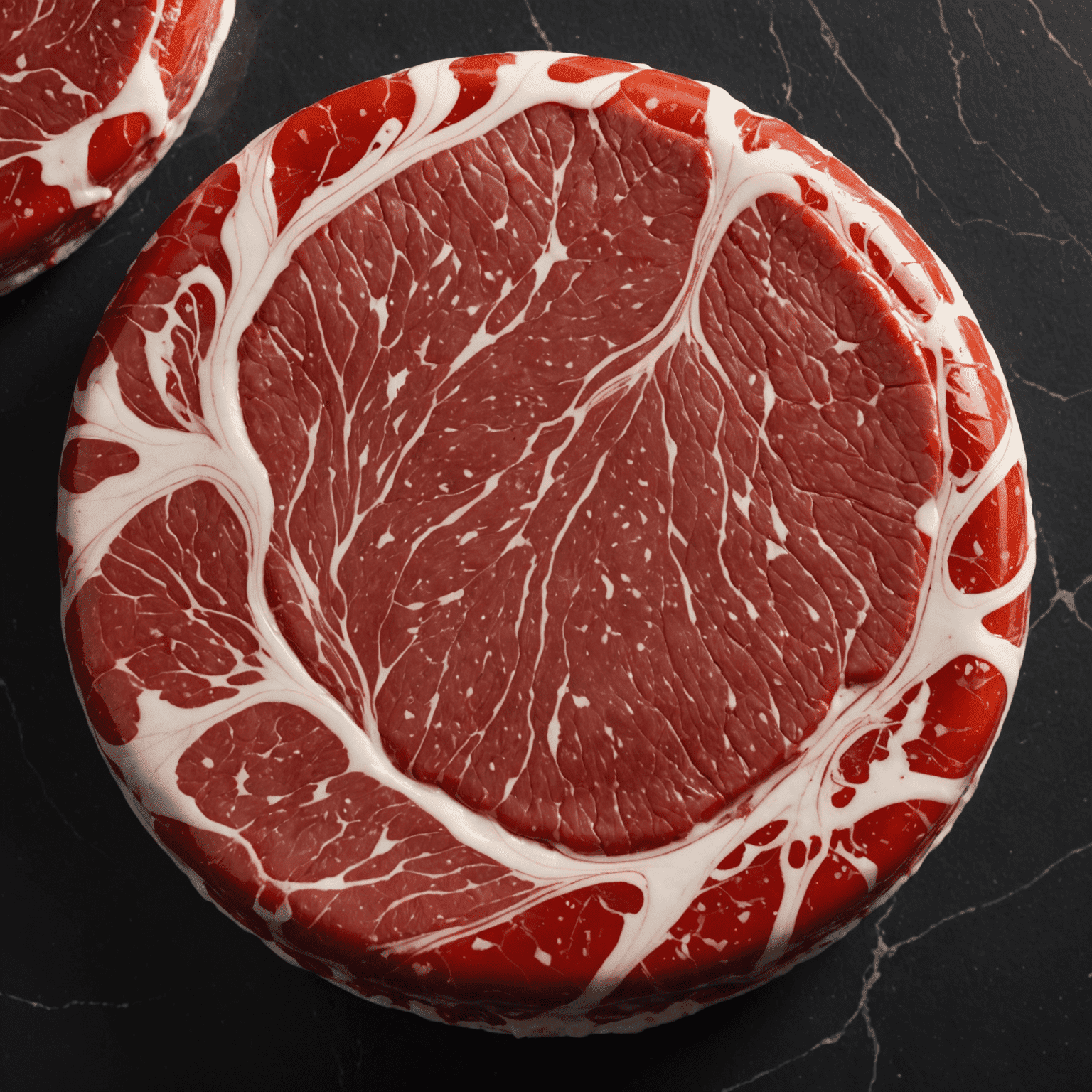 Close-up of a raw marbled beef patty showcasing its intricate fat marbling