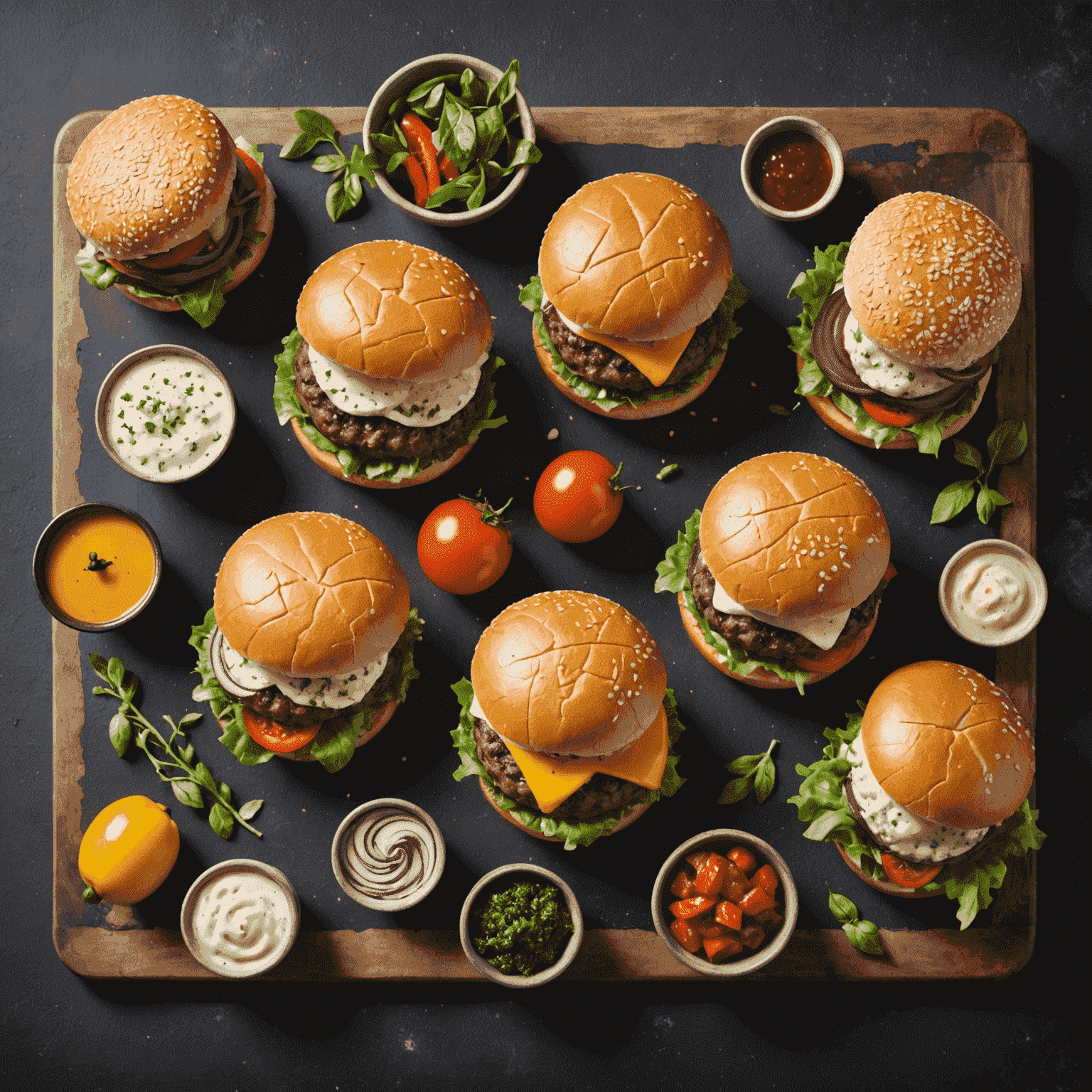 A variety of colorful, fresh local ingredients used in our seasonal burgers, including vibrant vegetables, artisanal cheeses, and aromatic herbs
