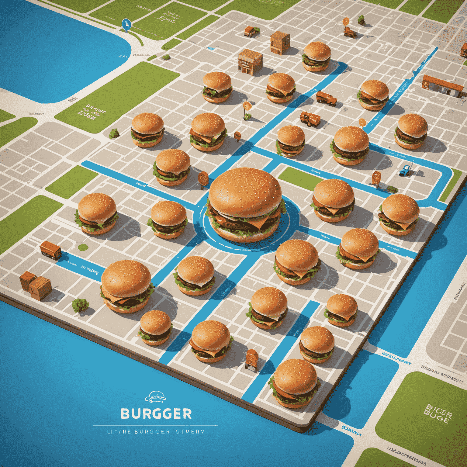 A map showing various delivery zones with estimated delivery times, highlighting the quick burger delivery service