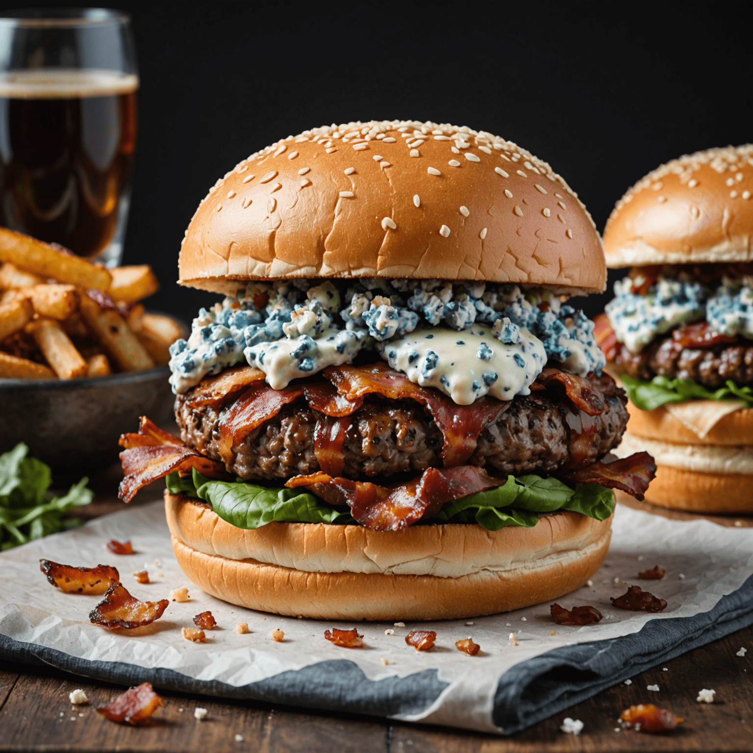 A marbled beef burger topped with crispy bacon and crumbled blue cheese