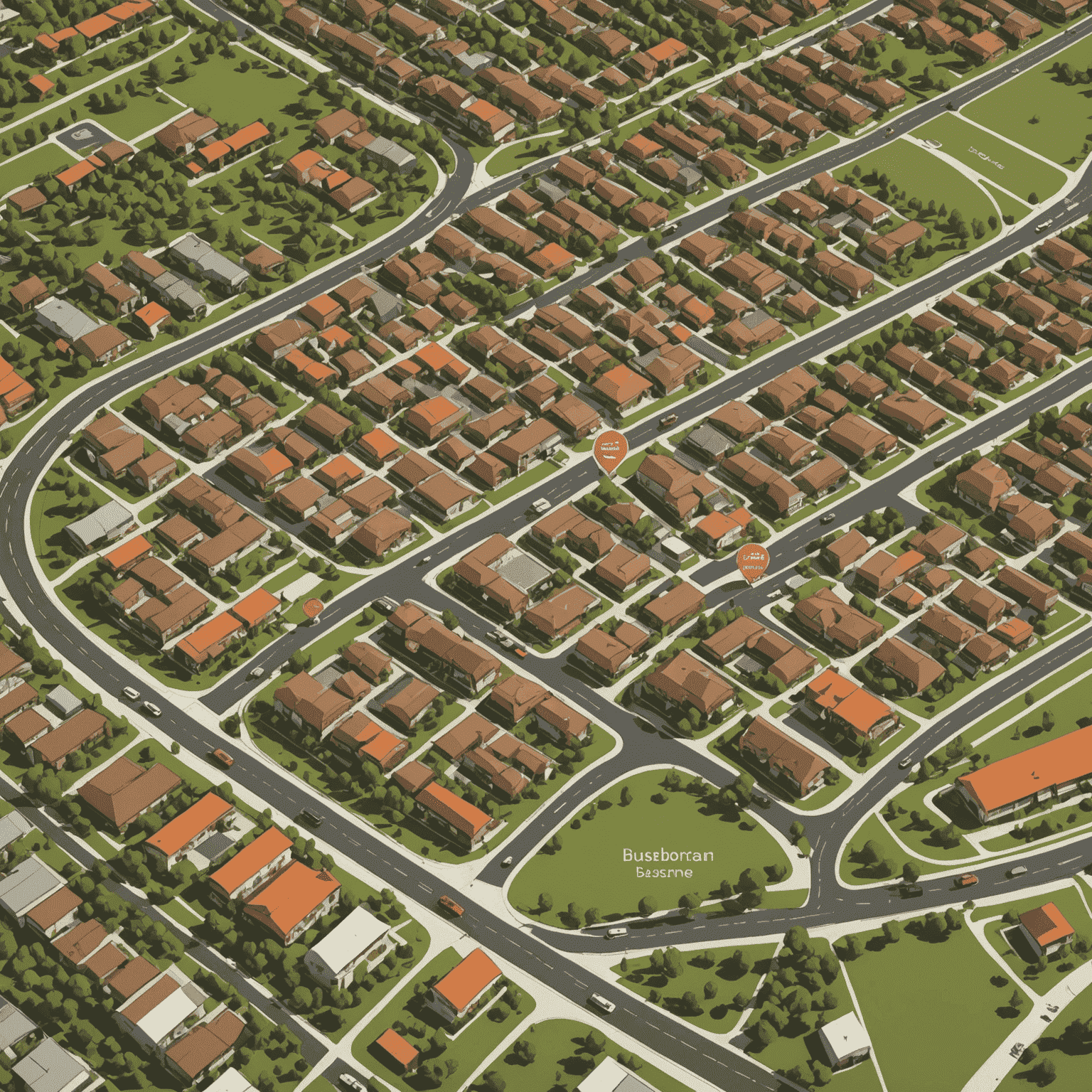Map of suburban areas with burger delivery zones, showing residential neighborhoods and main roads