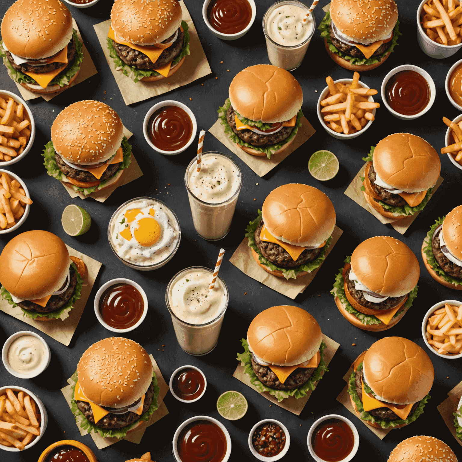 A mouthwatering spread of various gourmet burgers, fries, and shakes, showcasing the delicious rewards awaiting loyal customers