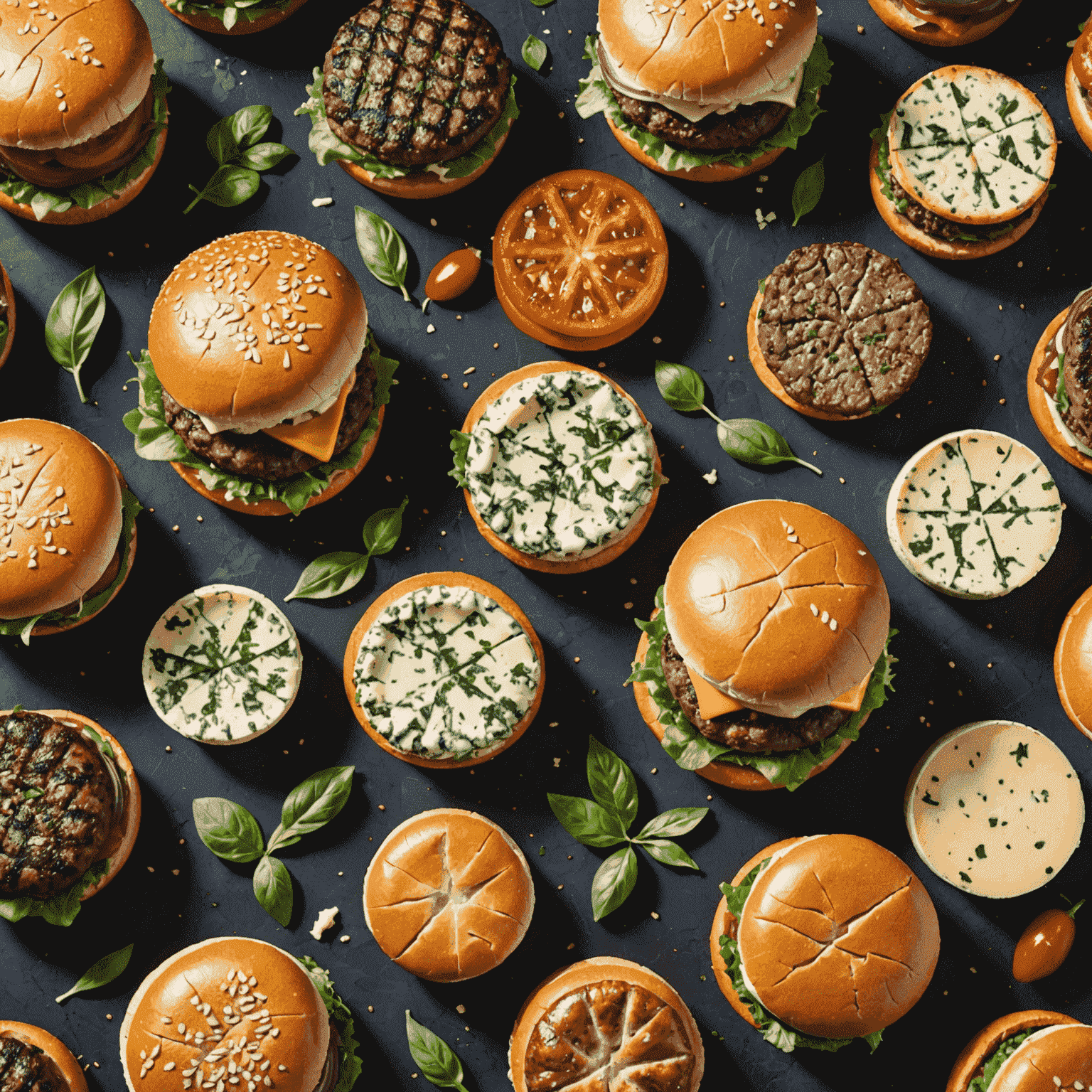 A colorful array of seasonal burgers featuring unique marbled beef blends and locally-sourced ingredients like fresh herbs and specialty cheeses