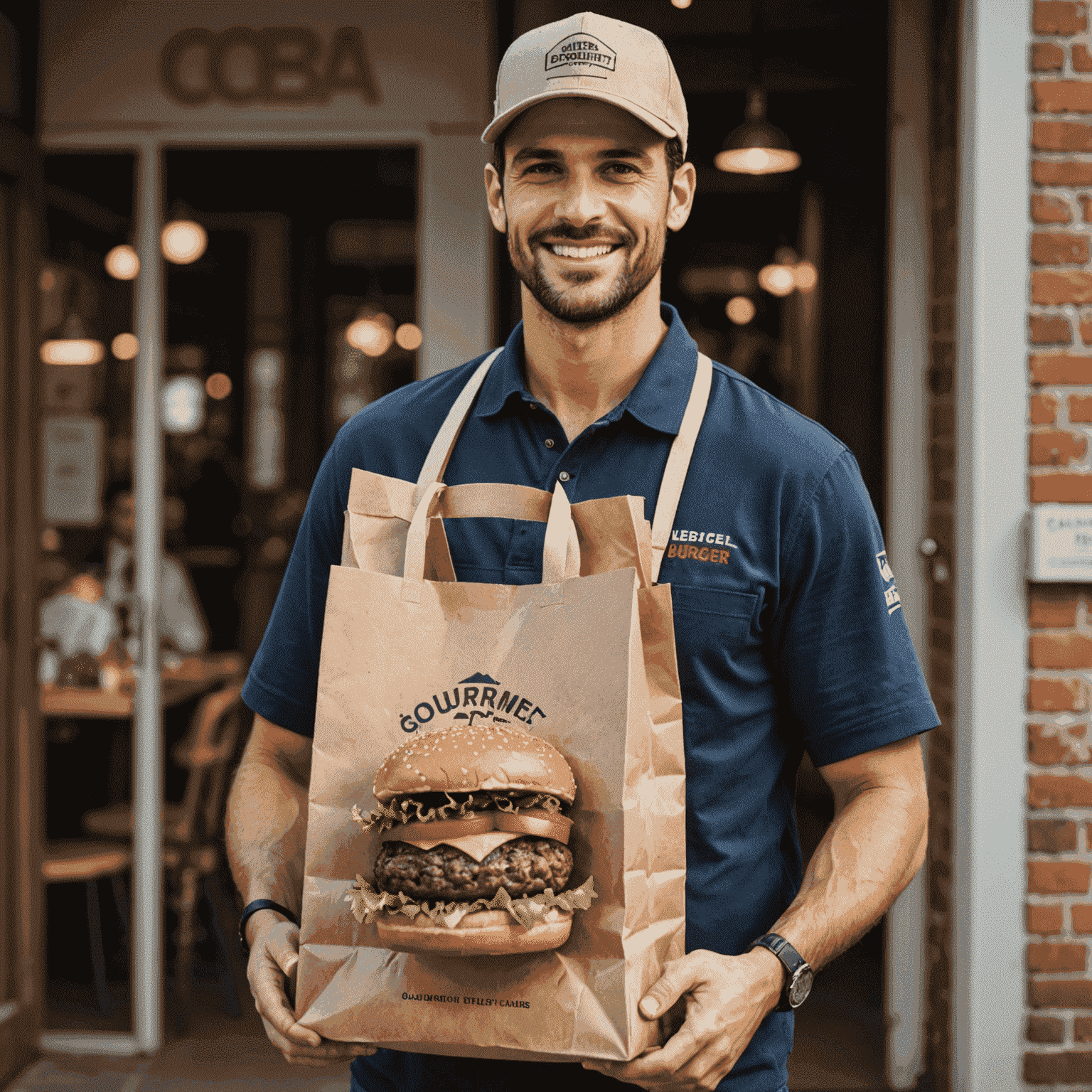 A delivery person holding a branded bag with gourmet burgers, ready for quick burger delivery