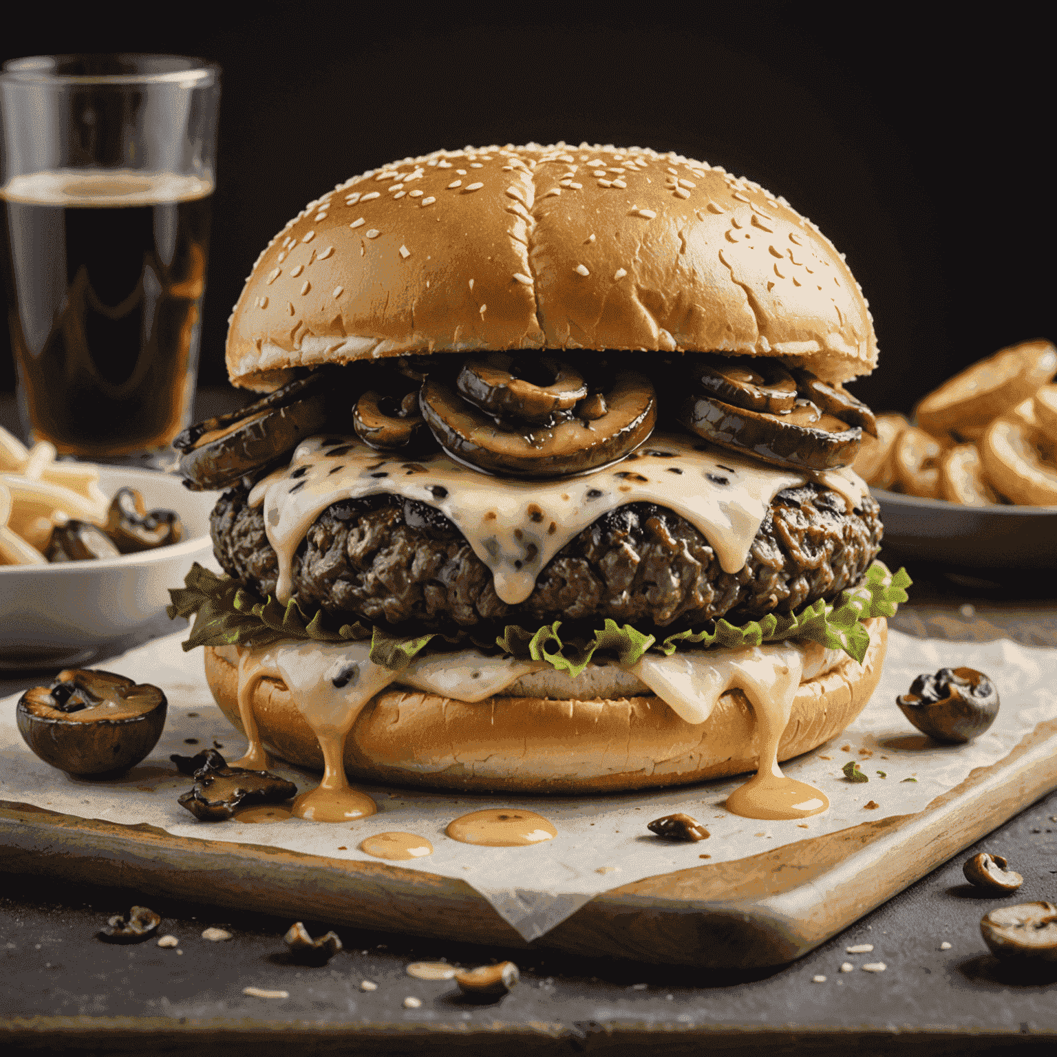 A marbled beef burger with sautéed mushrooms and melted Swiss cheese