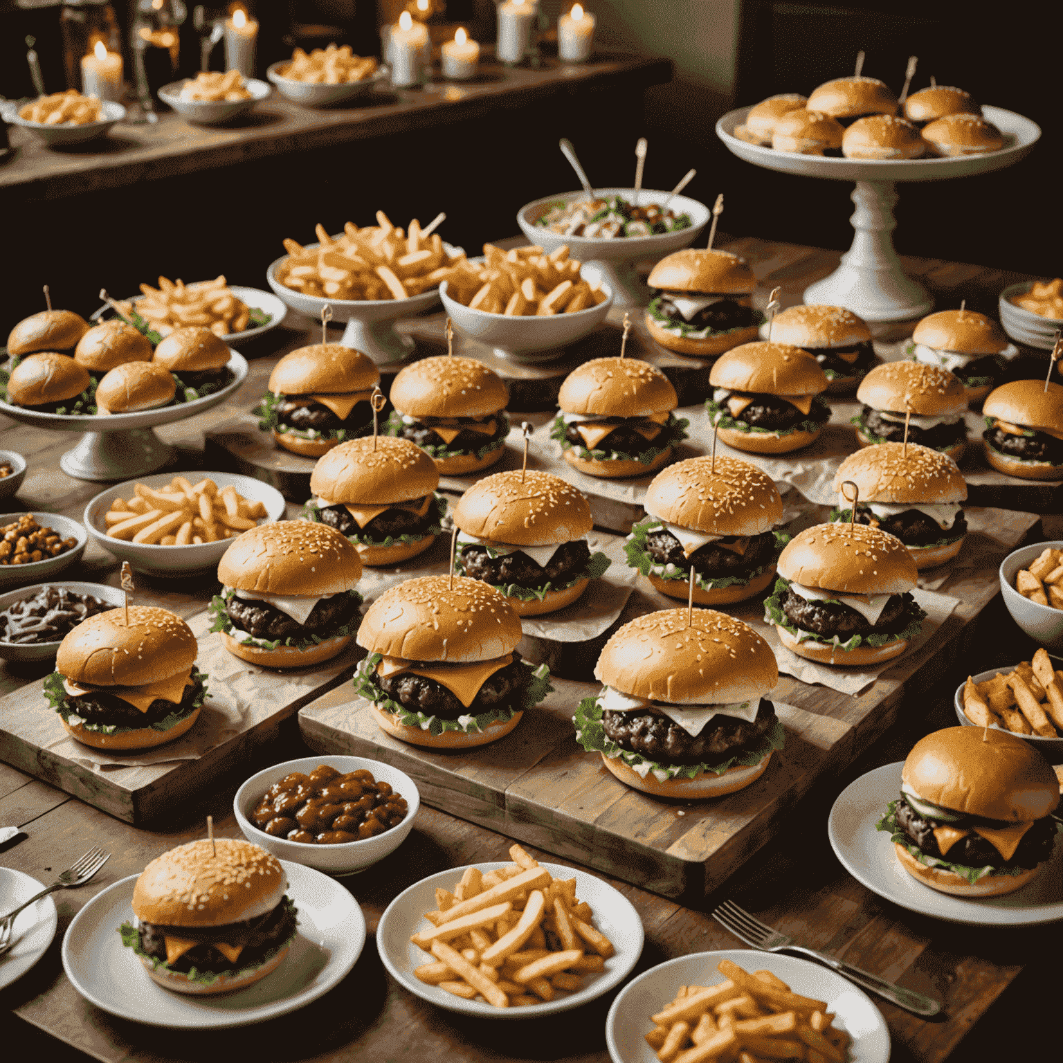 A festive event setup with a variety of gourmet burgers and sides, showcasing the catering services for large gatherings