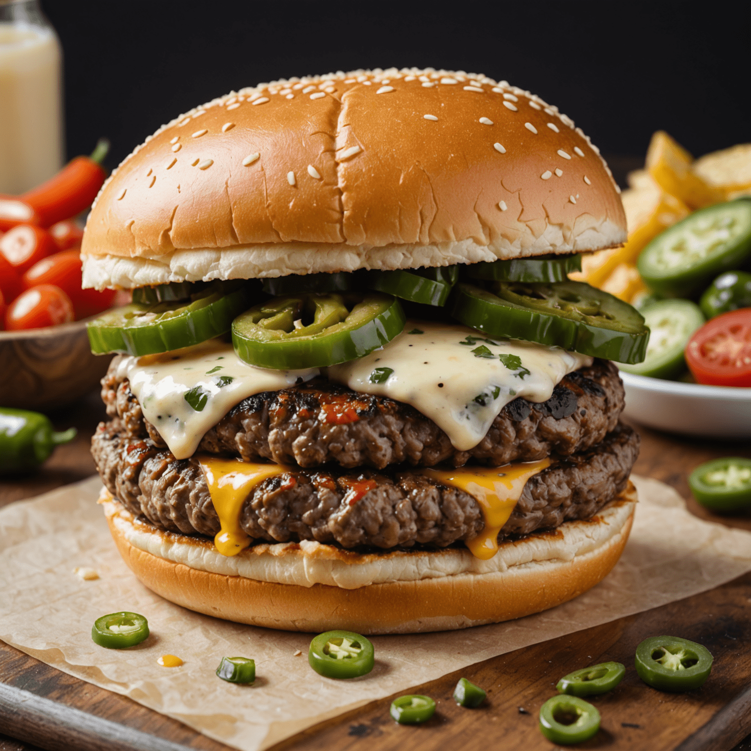 A marbled beef burger with sliced jalapeños, pepper jack cheese, and spicy mayo