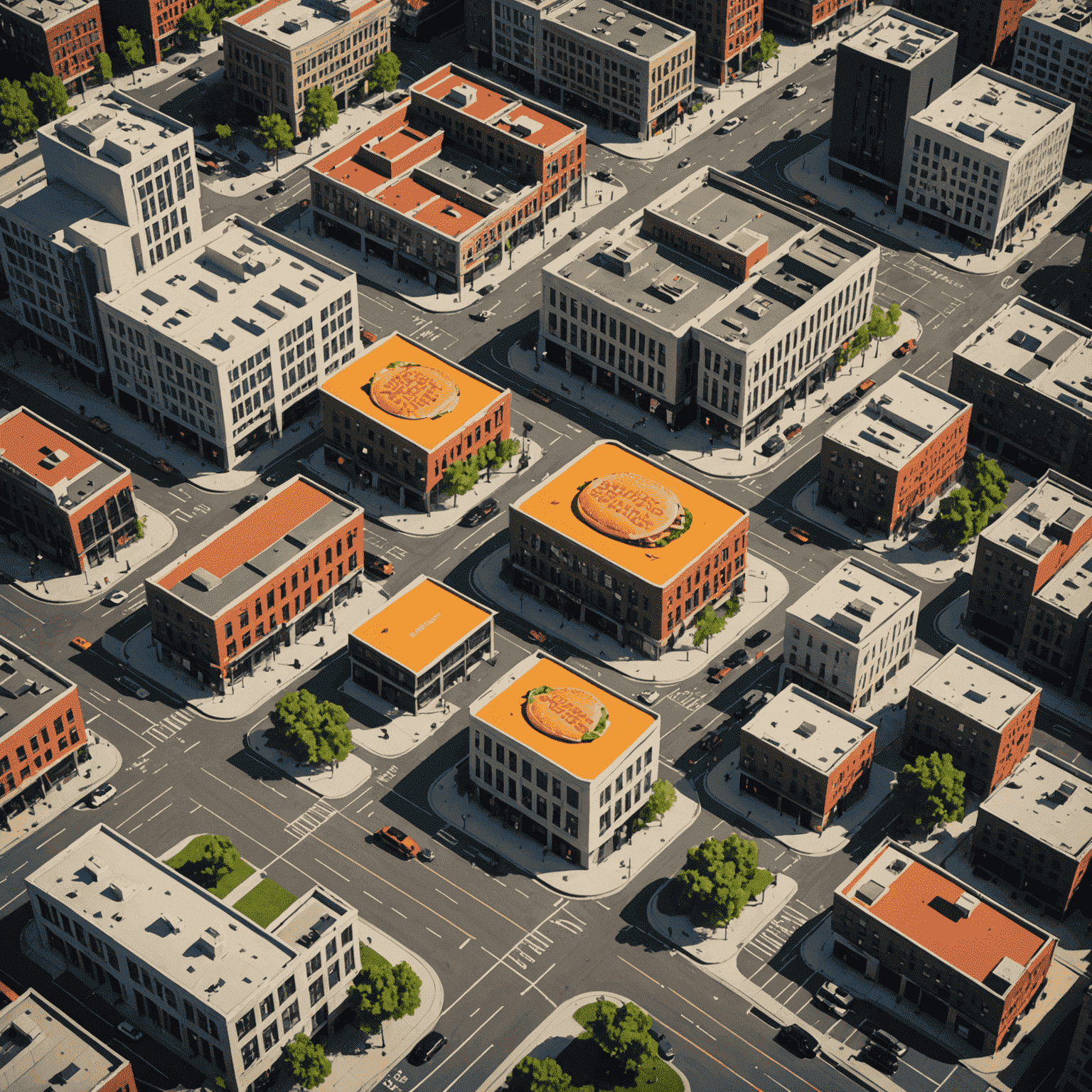 Map of business district with burger delivery zones, showing office buildings, parking areas, and main avenues