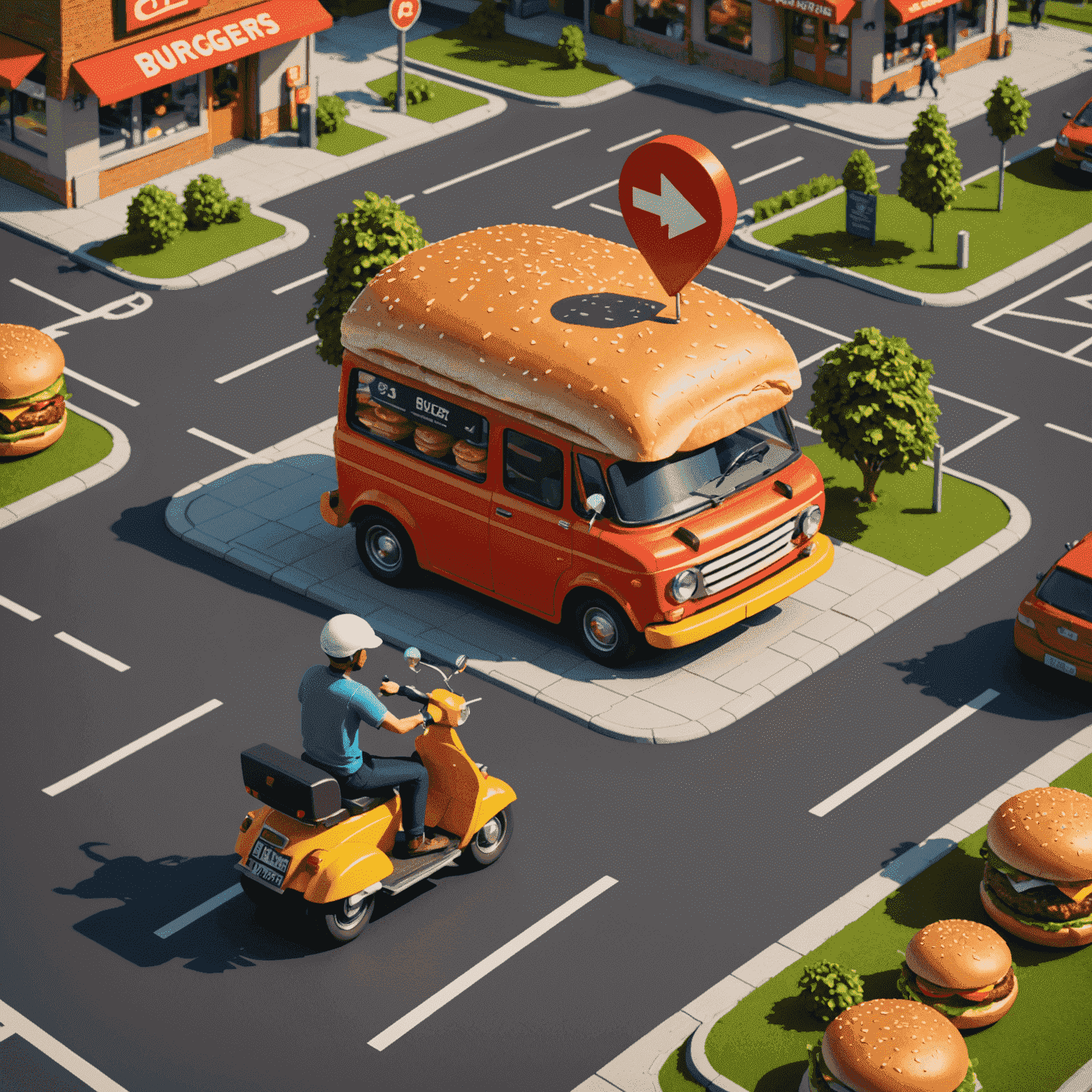 Animated map showing expanding delivery zones for burgers, with a delivery scooter icon moving across different areas