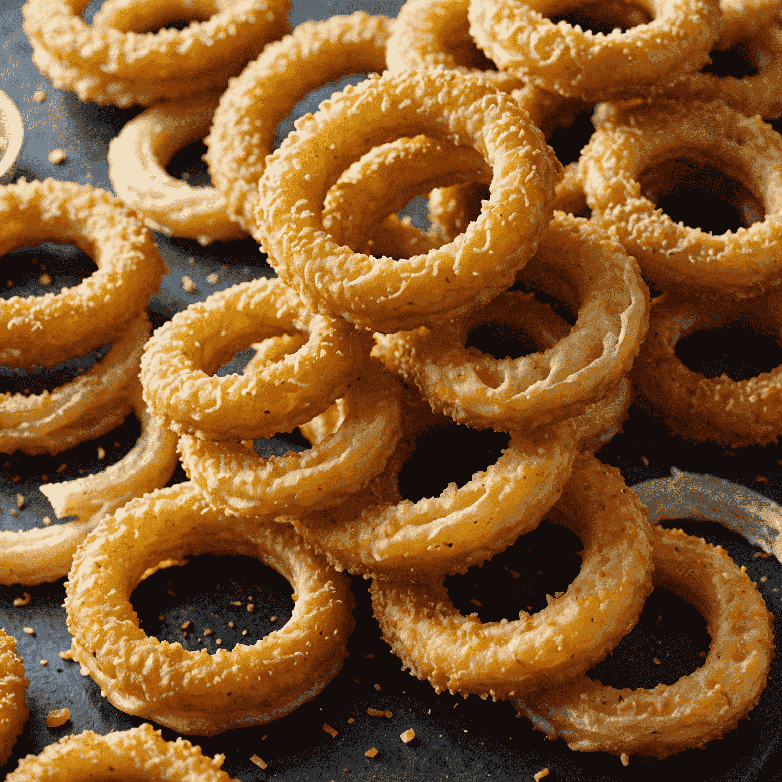 A stack of crispy, battered onion rings